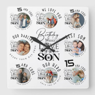 Son Birthday 8 Photo Collage Typography Square Wall Clock