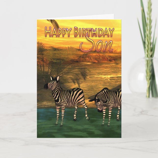 Son Birthday Card Zebras In Water (Front)