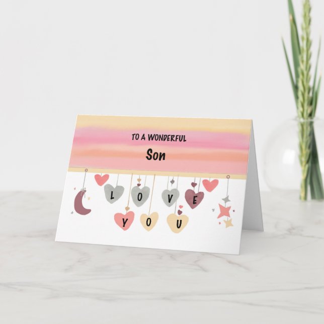 Son Birthday Love Watercolor Hearts Moon Stars Card (Front)