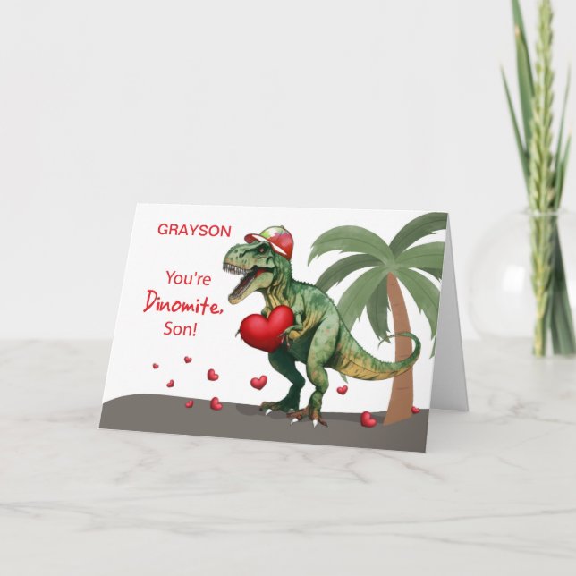 Son Custom Name Valentine Dinosaur Card (Front)