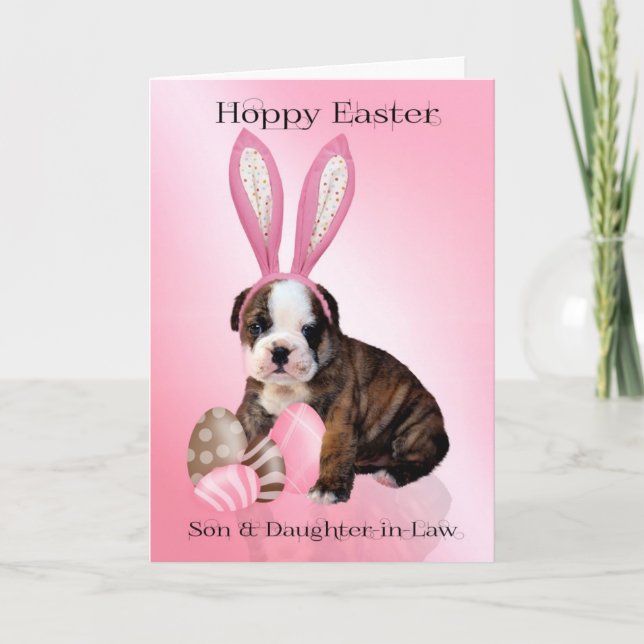 Son & Daughter-in-Law Cute Easter Bulldog Puppy Holiday Card (Front)