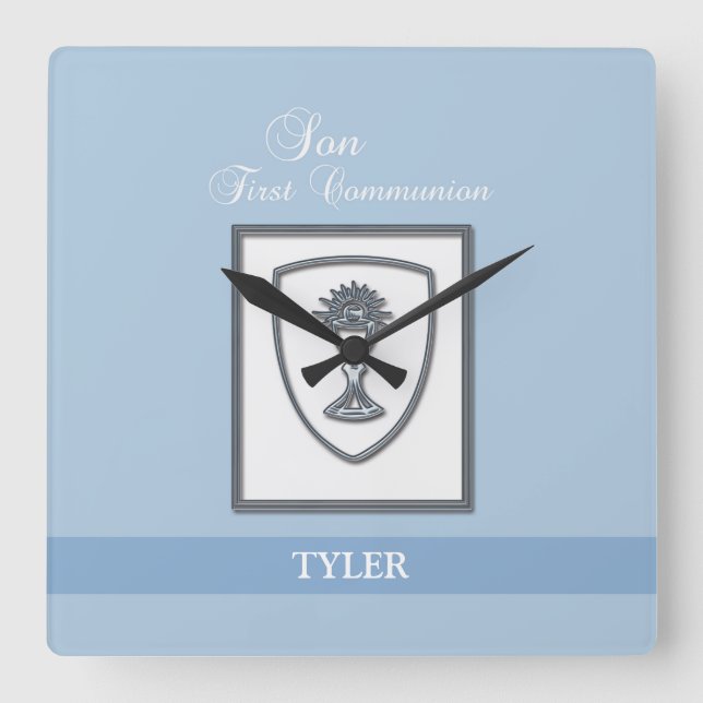 Son, First Communion Silver Chalice Square Wall Clock (Front)