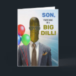 Son Funny Birthday Kind of a Big Dill Pickle Card<br><div class="desc">Son,  You're kind of a Big Dill! Funny birthday,  paper greeting card with a photo of a dill pickle wearing a suit and tie,  and sunglasses. Food themed pun greeting card. Customise the cover and interior birthday message as desired. Art,  image,  and verse copyright © Shoaff Ballanger Studios,  2025.</div>