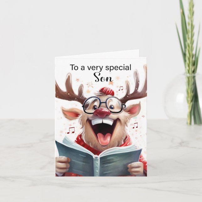 Son Funny Christmas Reindeer Singing  Thank You Card (Front)