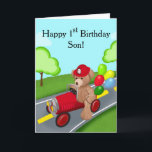 Son Happy 1st Birthday Teddy Bear in Firetruck Card<br><div class="desc">This adorable teddy bear,  riding a bright red firetruck and proudly wearing his very first firefighter hat,  makes the perfect design to celebrate your son's special 1st birthday milestone.</div>