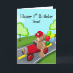 Son Happy 1st Birthday Teddy Bear in Firetruck Card<br><div class="desc">This adorable teddy bear,  riding a bright red firetruck and proudly wearing his very first firefighter hat,  makes the perfect design to celebrate your son's special 1st birthday milestone.</div>