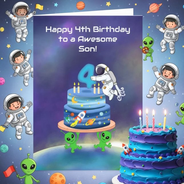 Son Happy 4th Birthday Astronaut with Cake Card (Creator Uploaded)