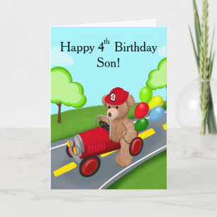 Son Happy 4th Birthday Teddy Bear Firetruck Card