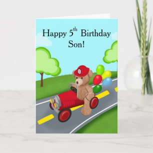 Son Happy 5th Birthday Teddy Bear Firetruck Card