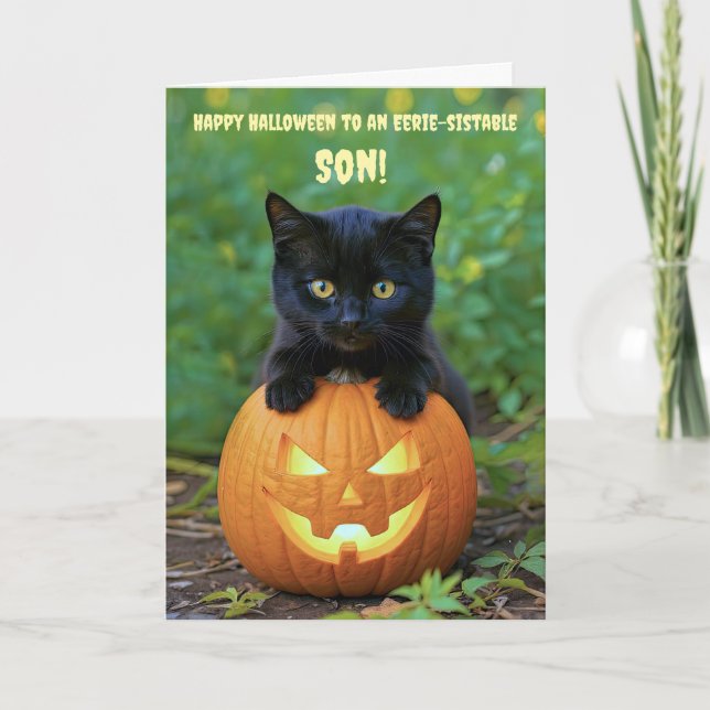 Son Happy Halloween Cute Black Cat Kitten  Card (Front)