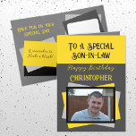 Son in law photo name grey yellow birthday card<br><div class="desc">To a special son-in-law.
Happy birthday.
Add a name and photo.
Grey,  yellow and black.</div>