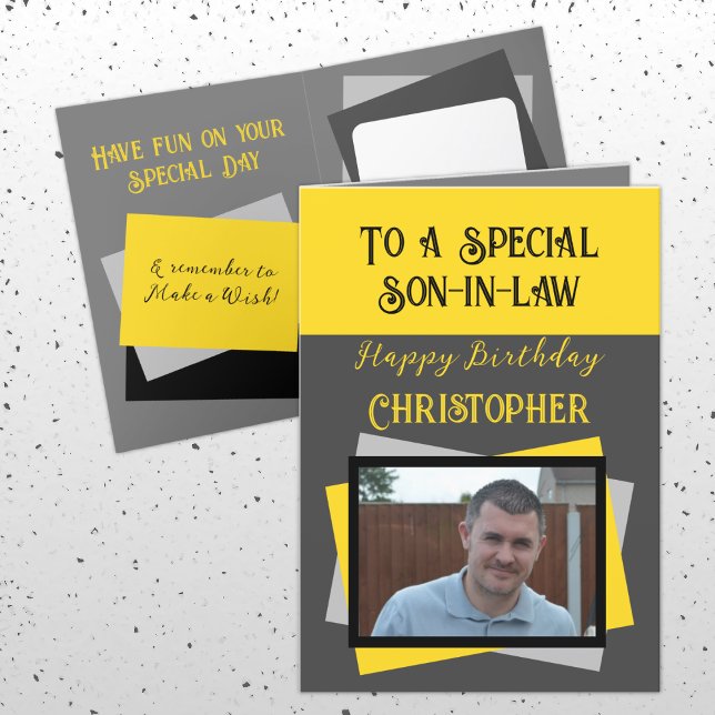 Son in law photo name grey yellow birthday card (Creator Uploaded)
