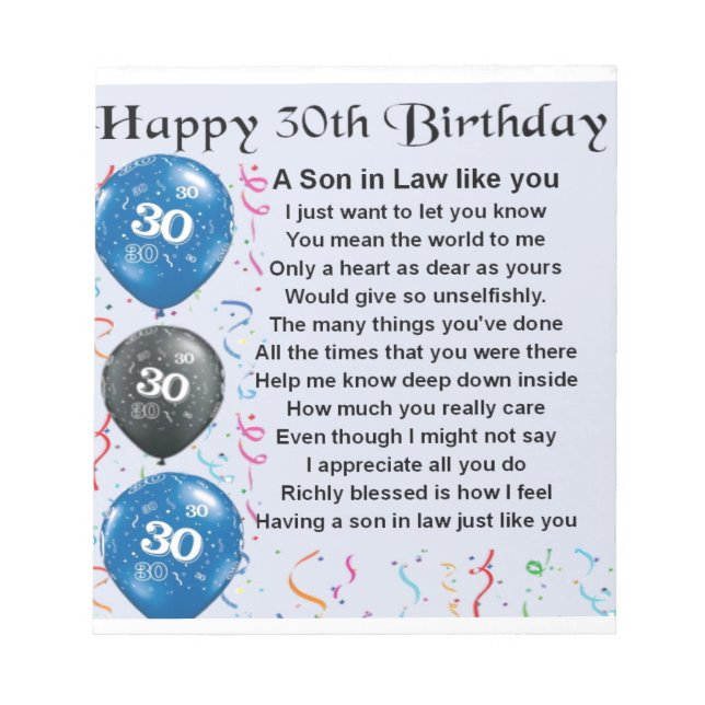 Son in Law Poem  - 30th Birthday Notepad (Front)