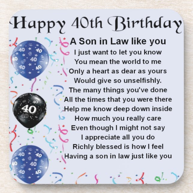 Son in Law Poem - 40th Birthday Design Coaster (Front)