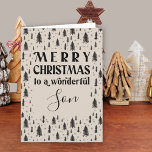 Son Minimal Natural Christmas Tree Holiday Card<br><div class="desc">Traditional Christmas Card lettered with "Merry Christmas to a wonderful son" (editable). Simple typography style with doodle sketched Christmas tree forest design inside and out. This holiday card has a neutral,  minimal colour palette of natural beige and black.</div>
