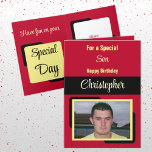 Son name photo red yellow birthday card<br><div class="desc">For a special son birthday card.
Personalise this Greetings Card with a photo and a name.
Designed in red,  yellow and black.</div>