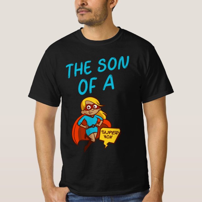 Son of a Super MoM Blue Text Female Superhero Clip T-Shirt (Front)