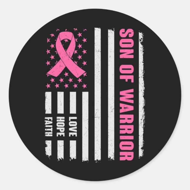 Son Of Warrior American Flag Breast Cancer Awarene Classic Round Sticker (Front)