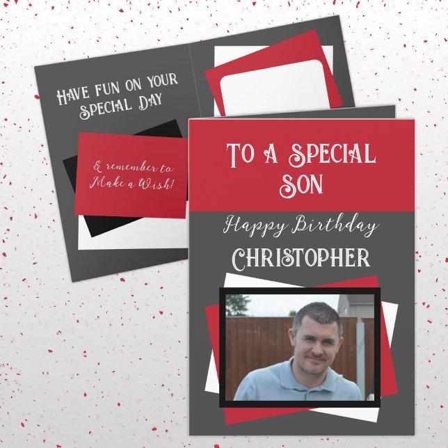 Son photo name grey red birthday card (Creator Uploaded)