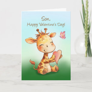 Son Valentine Cute Happy Giraffe with Heart Card