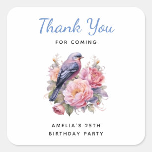 Song Bird atop Pink Peonies Birthday Thank You Square Sticker