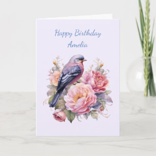Song Bird Sitting atop Pink Peonies Birthday Card