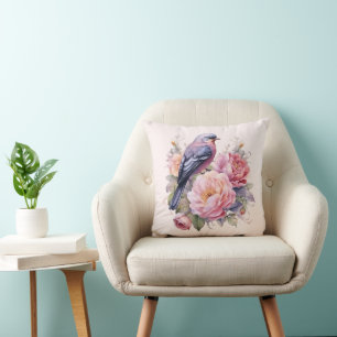 Song Bird Sitting atop Pink Peonies Cushion