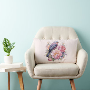 Song Bird Sitting atop Pink Peonies Lumbar Cushion