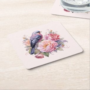 Song Bird Sitting atop Pink Peonies Square Paper Coaster