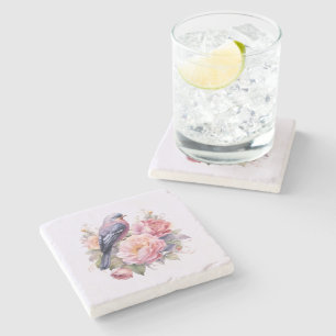 Song Bird Sitting atop Pink Peonies Stone Coaster