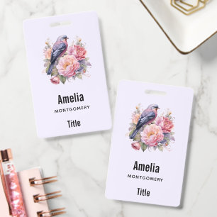 Song Bird Standing atop Pink Peonies Business ID Badge