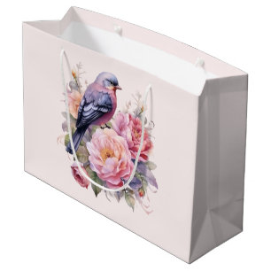 Song Bird Standing atop Pink Peonies Large Gift Bag