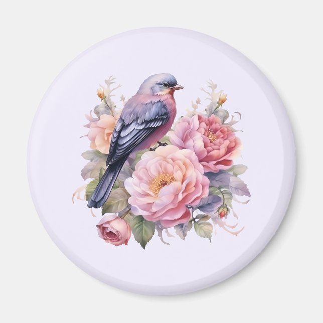 Song Bird Standing atop Pink Peonies Magnet (Front)