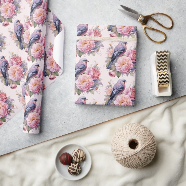 Song Bird Standing atop Pink Peonies Pattern Wrapping Paper (Crafts)