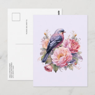 Song Bird Standing atop Pink Peonies Postcard