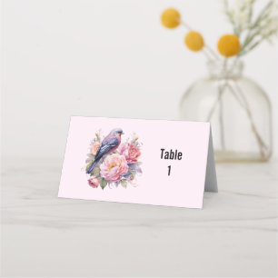 Song Bird Standing atop Pink Peonies Wedding Place Card