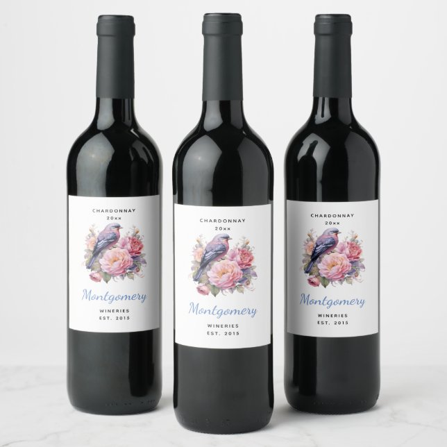 Song Bird Standing atop Pink Peonies Wine Making Label (Bottles)