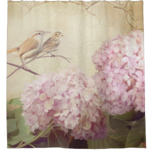 Song Birds Branch Pink Hydrangea Flowers Vintage Shower Curtain