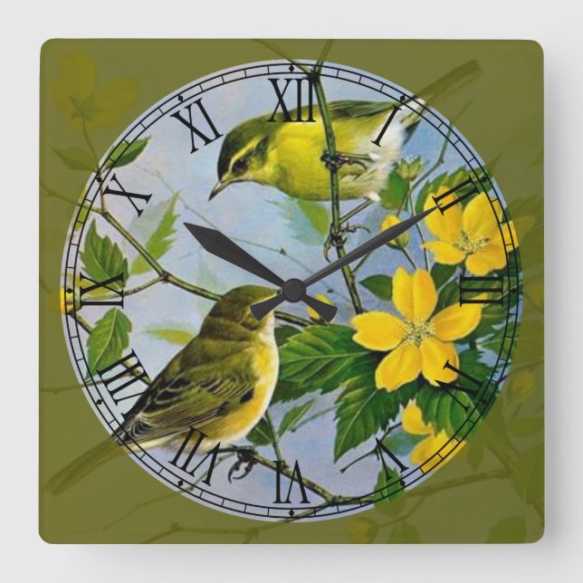 Song Birds Playing in Tree Fine Art Roman Numeral Square Wall Clock (Front)
