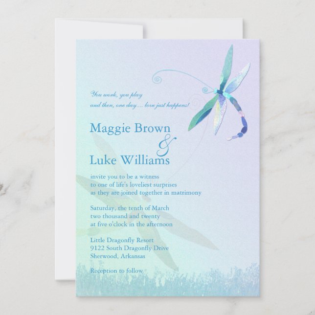 Song of Dragonfly Whimsical Blue Wedding Invitation (Front)
