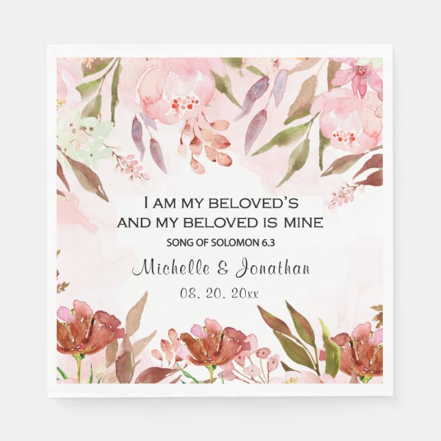 Song of Solomon 6:3 I Am my Beloved's Pink Floral Napkin (Front)