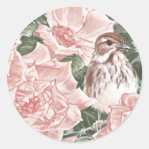 Song Sparrow and Pink Roses Flower Painting Classic Round Sticker