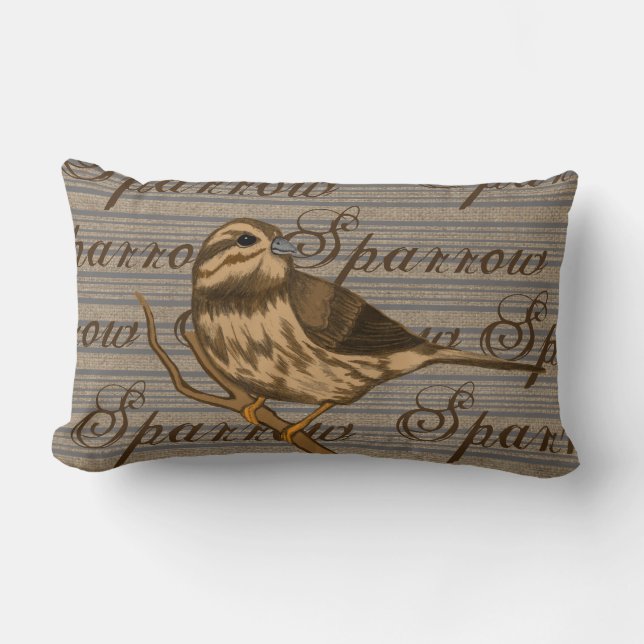 Song Sparrow on Pinstripes and Faux Burlap Lumbar Cushion (Front)