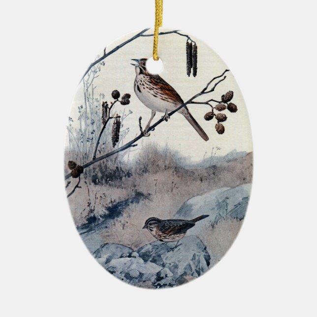 Song Sparrows in the Spring Ceramic Tree Decoration (Front)