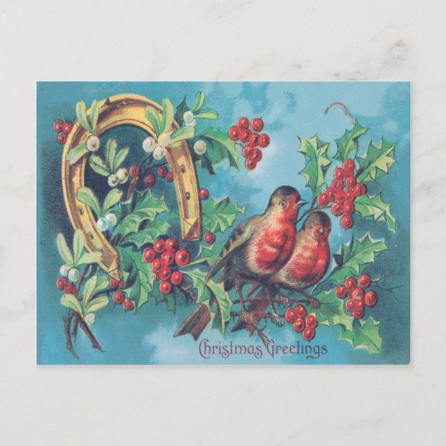 Songbird Christmas Bird Holly Mistletoe Horseshoe Holiday Postcard (Front)