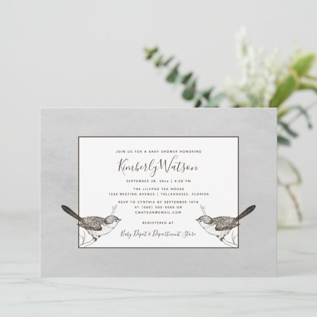 Songbird Pair Baby Shower | Grey Invitation (Standing Front)