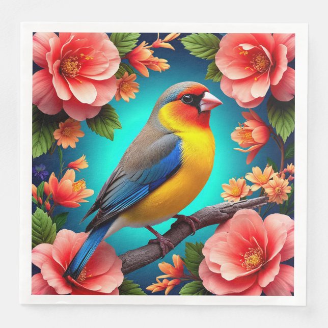Songbird Perched Amid Bright Flowers Napkin (Front)