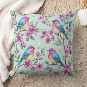 Songbirds and  Purple Flowers - Soft Mint Cushion