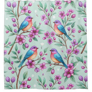Songbirds and  Purple Flowers - Soft Mint Shower Curtain