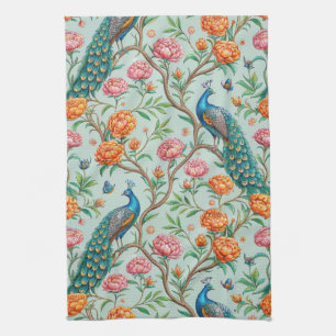 Songbirds Blooms Leaves Botanical Mint Background Tea Towel